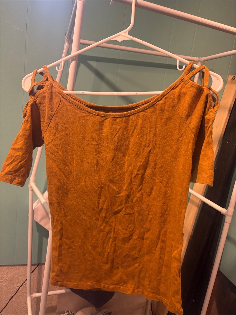 Women's Cold-Shoulder Short Sleeve Top in Mustard